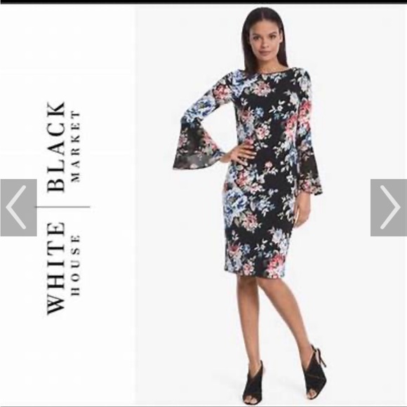 White House/Black Market floral bell-sleeves dress, sz M - Picture 2 of 5